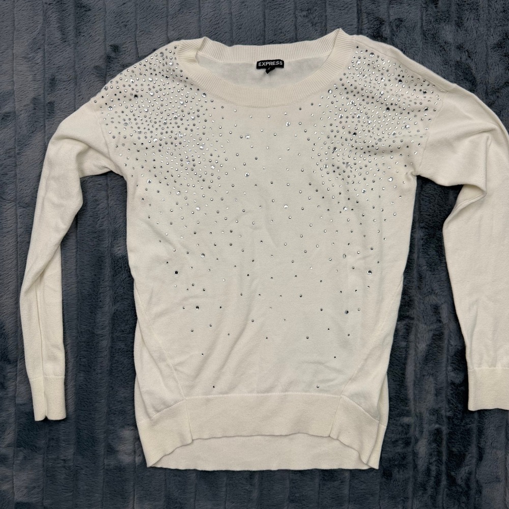Express Women Cream White Rhinestone Crewneck Sweater EXCN-601CC Small